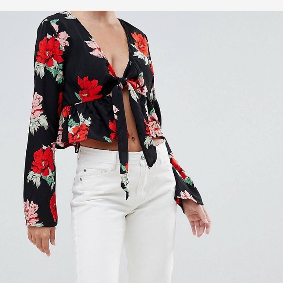 Missguided Tops - Missguided petite tie front blouse black floral